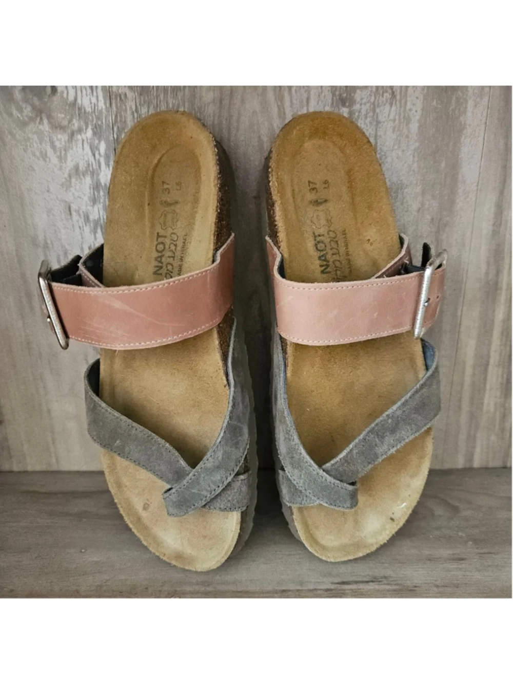 NAOT Fresno Brown Leather Olive Suede Slide On Sandals Buckle Womens US 6 - Picture 2 of 4